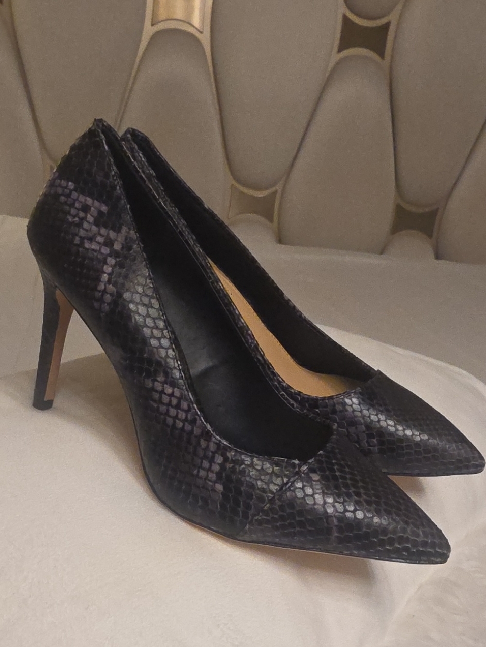 ANTONIO MELANI Black Snake-Embossed Pointed-Toe Stiletto Heels Size 7.5